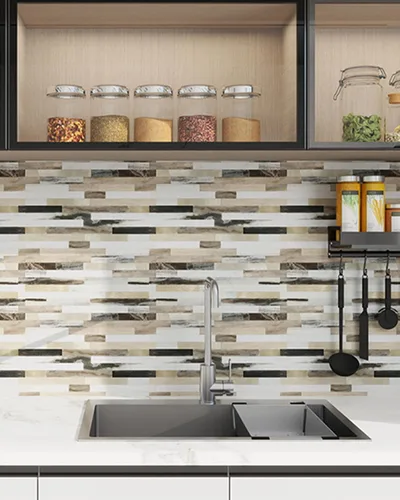 Miniatura 2 de KASARO 20 hojas de azulejos autoadhesivos para salpicaduras para cocina, mármol marrón blanco con rayas doradas antiguas, azulejos de mosaico