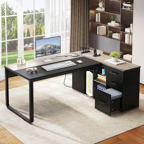 Miniatura 3 de YITAHOME Escritorio ejecutivo con tomas de corriente, escritorio en forma de L de 71 pulgadas con archivador, escritorio ejecutivo con cajones