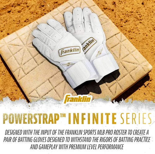 Miniatura 8 de Franklin Sports MLB - Guantes de bateo Infinite Powerstrap para béisbol + sóftbol de puño largo, para adultos y jóvenes Blanco/Dorado