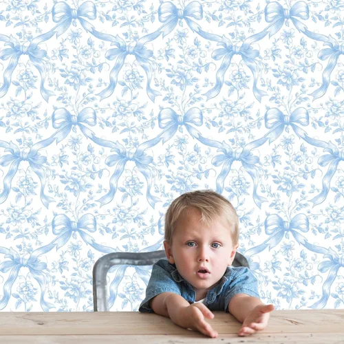 Miniatura 6 de FYSUIMU Papel Tapiz Floral con Lazo Azul Despegar y Pegar en Rollo, Papel de Contacto Coquette con Moños y Flores, Autoadhesivo, Decoración de Pared