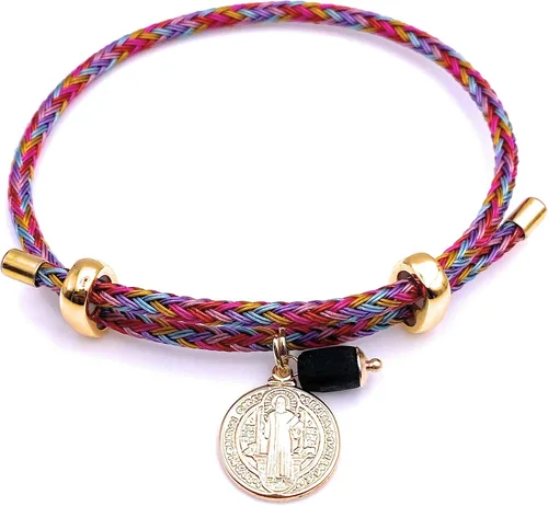 Miniatura 7 de Pulsera chapada en oro de 18 quilates de San Benito con dije de piedra auténtica de azabache Adjustable Cuerda Chapado en oro