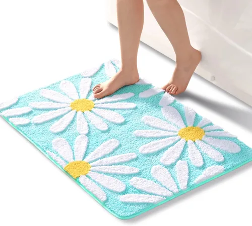 Miniatura 15 de QJHOMO Alfombra de baño azul con diseño de margaritas, decoración de flores blancas y amarillas, alfombra antideslizante de microfibra, súper Azul
