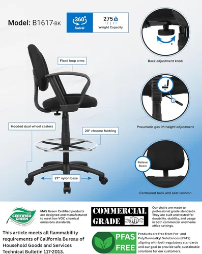 Miniatura 4 de Silla de escritorio ergonómica de Boss Office Products sin posabrazos, color azul, Tela Metal, Negro