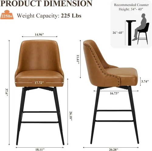 Miniatura 2 de COLAMY Juego de 2 taburetes de bar, sillas giratorias de altura de mostrador de 26 pulgadas con respaldo, asiento acolchado grueso y reposapiés