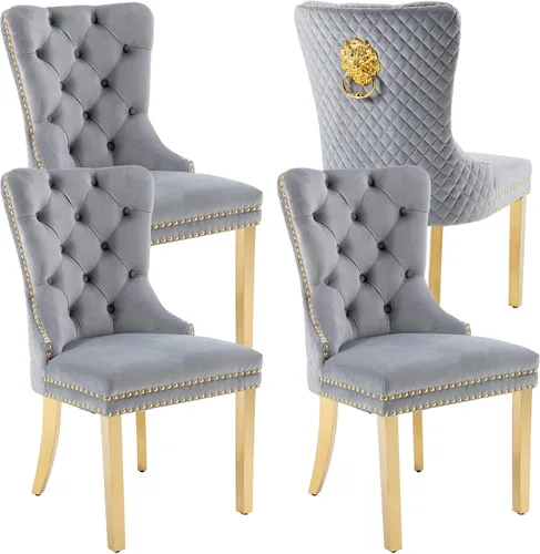 Miniatura 19 de KCC Juego de 2 sillas de comedor tapizadas de terciopelo, modernas sillas capitoné con botones con anillo de cabeza de león y patas de acero Patas