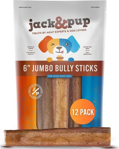 Jack&Pup Bully Sticks Jumbo de 6 pulgadas para perros (paquete de 12) Palitos de perro de un solo ingrediente para perros grandes y masticadores