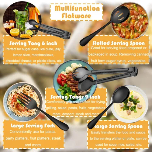 Miniatura 3 de 10 utensilios de acero inoxidable para servir, grandes cucharas ranuradas, tenedores de servir, pinzas para servir, pinzas para azúcar, juego