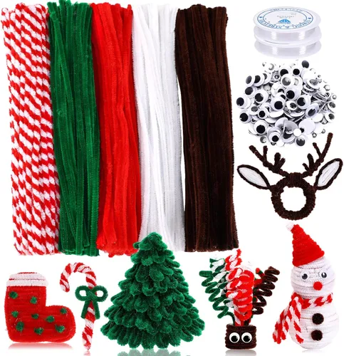 UPINS Juego de 550 limpiapipas navideños que incluye 5 colores de tallos de felpilla y ojos móviles saltones para suministros de manualidades DIY y
