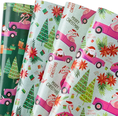 Miniatura 8 de WRAPAHOLIC Hoja de papel de regalo de Navidad, 12 hojas de diseño de árbol de Navidad rosa y casa, plegada plana con 12 etiquetas de regalo