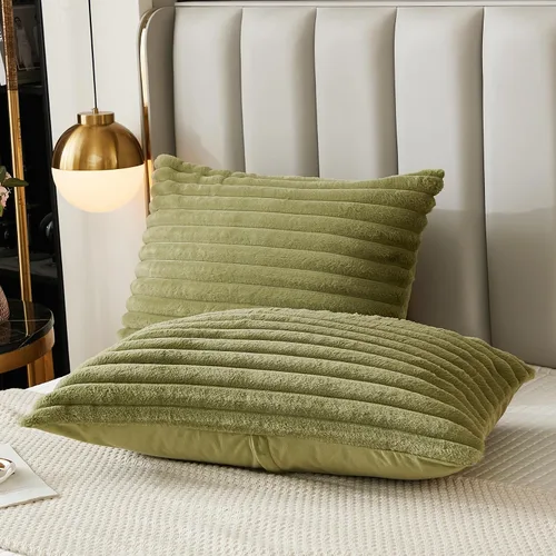 Miniatura 10 de Juego de 2 fundas de almohada para cama tamaño king, fundas de cojín rectangulares lumbares con diseño de rayas, forro de piel de conejo sintética