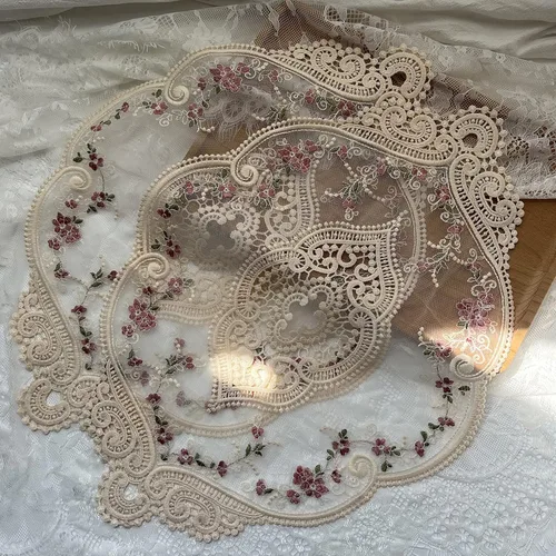 Miniatura 7 de Paquete de 2 manteles individuales ovalados vintage de encaje, exquisitos manteles individuales bordados de flores, 12 x 18 pulgadas (beige)