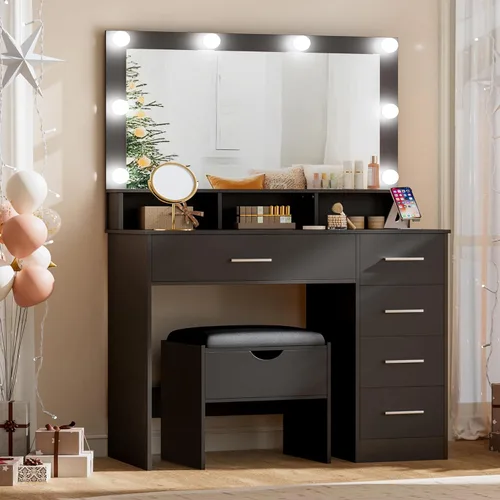Miniatura 8 de ERLEJIA Escritorio de tocador con espejo y luces, mesa de maquillaje de espejo grande de 35.43 pulgadas con taburete, 5 cajones para dormitorio