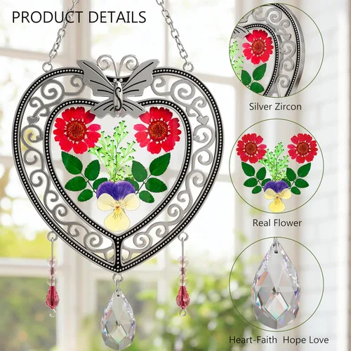 Miniatura 6 de KY&BOSAM Atrapasoles de cristal con forma de corazón, árbol de la vida, paneles de vitrales, colgantes de flores reales para ventanas, hogar