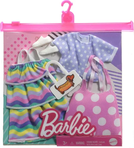 Miniatura 3 de Barbie Fashions - Juego de ropa de 2 unidades, 2 muñecas que incluyen jersey de lunares rosa, parte superior de lunares morados, vestido a rayas y 2