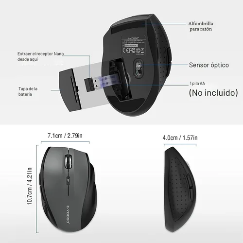 Miniatura 4 de E-YOOSO Ratón inalámbrico para portátil, ratón óptico portátil para computadora, 6 botones, 2.4GHz inalámbrico con receptor USB, 4800 DPI de 5 Gris