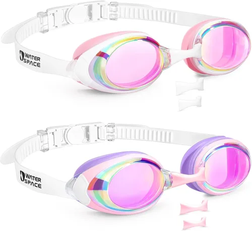 Miniatura 8 de Water Space Paquete de 2 gafas de natación con 3 piezas de nariz para niños jóvenes de 6 a 16 años, lentes espejadas, protección UV, antivaho y sin