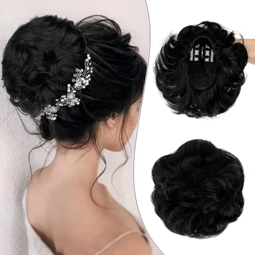Extensiones de cabello ondulado con clip de garra, moño desordenado, moño desordenado, sintético, recogido, coletero, para mujer, color negro oscuro