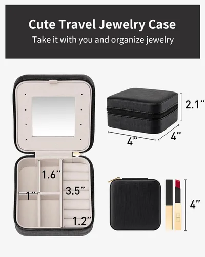 Miniatura 2 de Vlando Estuche de joyería de viaje, caja organizadora de viaje pequeña para niñas y mujeres con espejo negro