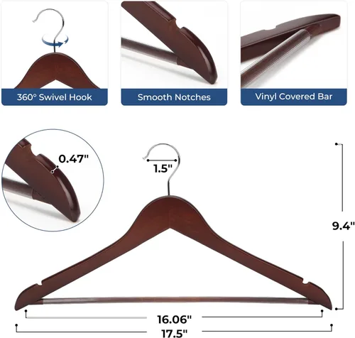 Miniatura 5 de JS HANGER Perchas de madera para traje, paquete de 20 perchas de madera de alta calidad de 17.5 pulgadas con barra antideslizante para pantalones