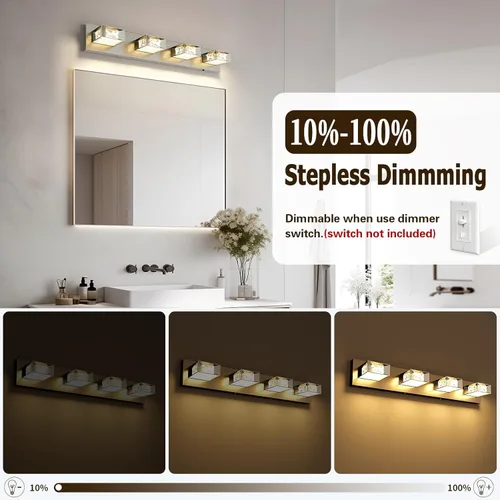 Miniatura 3 de Joossnwell Luces de baño de níquel cepillado sobre espejo (4 luces, 28 pulgadas), lámpara de tocador de cristal 5CCT regulable moderna LED