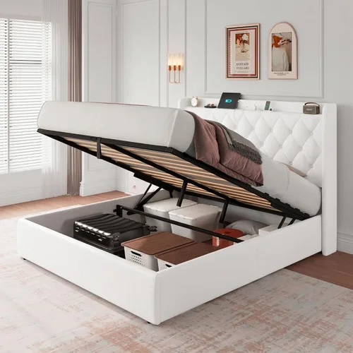 Miniatura 8 de iPormis Base de cama de almacenamiento elevable de tamaño completo con estación de carga, base de cama de plataforma tapizada con cabecera capitoné