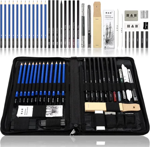 H & B Kit de dibujo profesional de 40 piezas, kit completo de artista, incluye lápices de grafito, pasteles, sacapuntas y borrador
