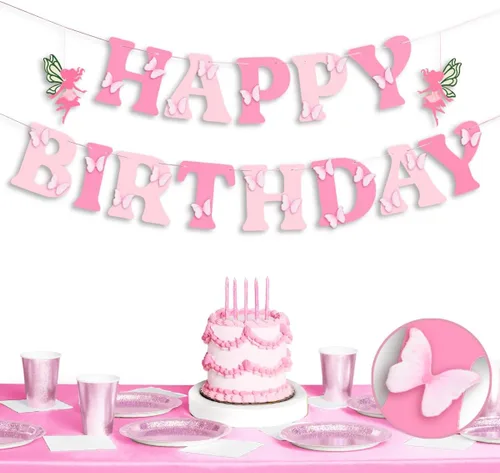 xo, Fetti Cartel de cumpleaños de hadas de jardín – Juego de pancartas de mariposa 3D | Decoraciones de fiesta de niños, cumpleaños de fiesta de té,
