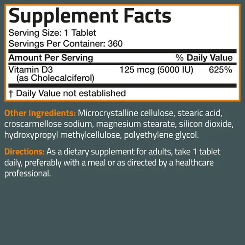 Miniatura 8 de Bronson Vitamina D3 5000iu (125mcg) Suministro de 1 año para una función muscular saludable y apoyo inmunológico, sin OMG, 360 tabletas