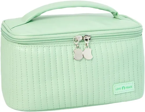 Miniatura 5 de Bolsa de maquillaje de viaje, estuche de cosméticos con soporte para brochas de maquillaje, organizador portátil de piel sintética para mujer, Café