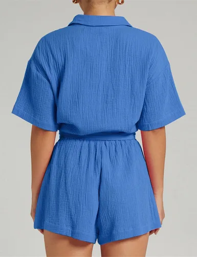 Miniatura 4 de Rousytn Conjunto de 2 piezas para mujer, conjunto de ropa deportiva de algodón y lino, conjunto a juego de camisa y pantalones cortos con botones