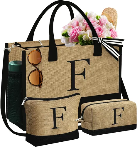 Miniatura 15 de YOOLIFE Regalos para mujeres, bolsa de yute con inicial y 2 bolsas de maquillaje, regalos personalizados para mujeres, profesores, mamá, amiga
