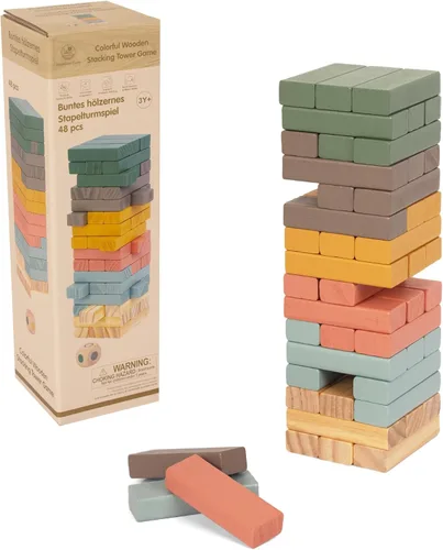 Juegos de apilamiento de bloques de madera, 48 piezas de bloques apilables para niños y familias, bloques de equilibrio coloridos de madera,