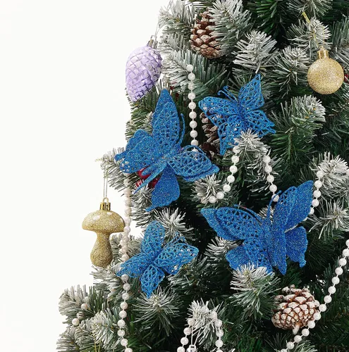 Miniatura 2 de 16 decoraciones de árbol de Navidad con purpurina, 2 estilos de adornos de mariposa hueca con clips, decoraciones de mariposa artificial para árbol