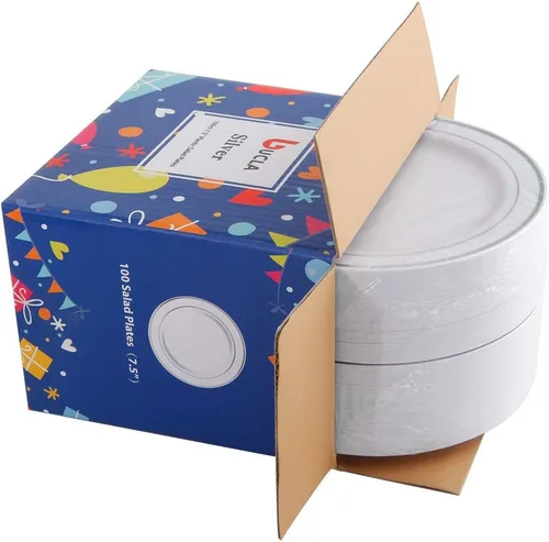 Miniatura 5 de bUCLA 100 platos de plástico con borde plateado, platos desechables de 7.5 pulgadas, ideales para bodas, fiestas y Navidad