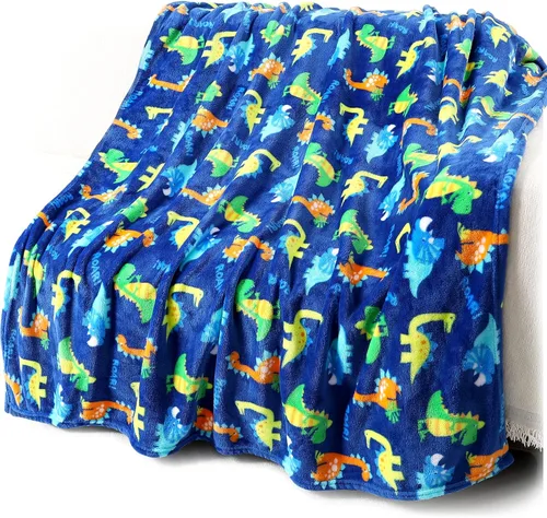 Mantas de forro polar cálidas y suaves para niños pequeños con estampado de patrón de dinosaurio - Manta tipo throw acogedora de franela de felpa
