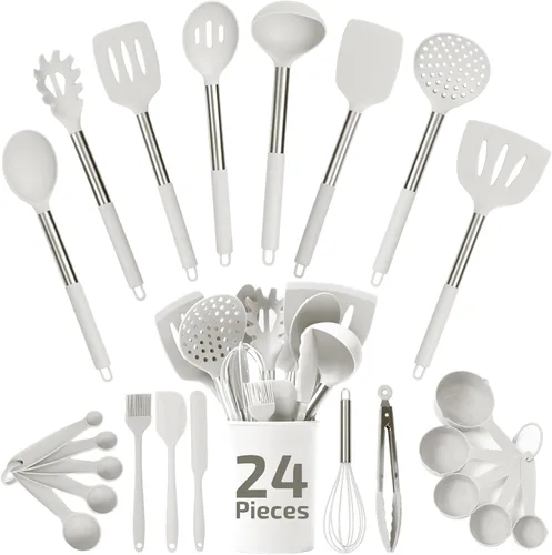 Juego de utensilios de cocina de silicona - Culinary Couture 24 piezas de utensilios de cocina blancos para ollas y sartenes antiadherentes - Juego