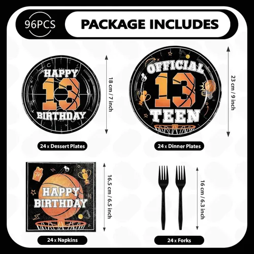 Miniatura 2 de 96 piezas de suministros para fiesta de cumpleaños de 13 años, platos y servilletas desechables de baloncesto y deportes, juego de vajilla