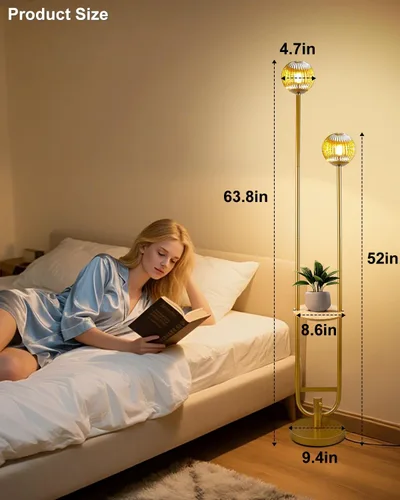 Miniatura 7 de Lámpara de pie de cristal con bandeja, lámpara de pie globo dorada regulable para bodas/fiestas, 2 bombillas blancas suaves y cálidas de 3000K