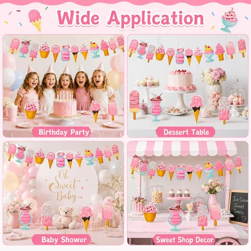 Miniatura 6 de Outus 2 pancartas de helado de 118 pulgadas, guirnalda de decoración de fiesta de helado para cumpleaños, baby shower, cumpleaños de niñas, mesa