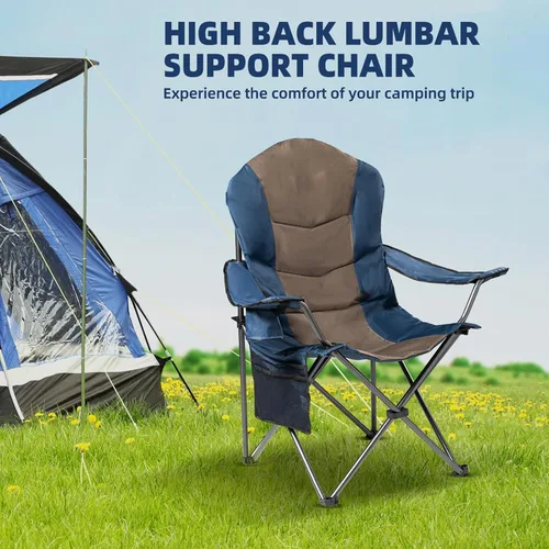 Miniatura 3 de Sillas plegables de camping para adultos, sillas de césped acolchadas con respaldo alto para exteriores con soporte lumbar y soporte para tazas