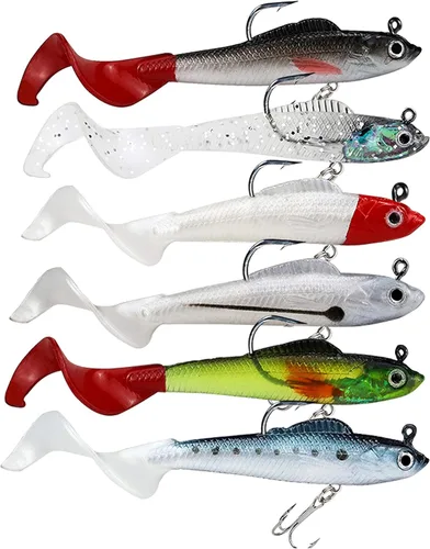 Señuelos para Bass Jig Head Soft Swimbait, paquete de 6 cebo de plástico de 6 colores para pesca de agua salada/agua dulce