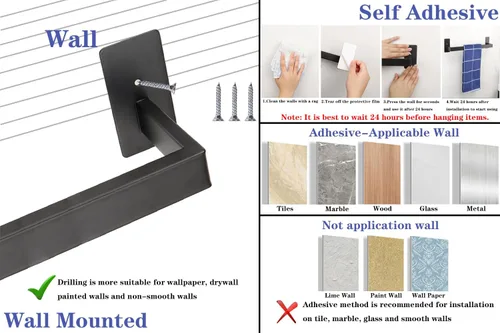 Miniatura 6 de Juego de 5 piezas de accesorios de baño autoadhesivos -SUS304 de acero inoxidable, toallero incluye toallero de 24 pulgadas, soporte para papel