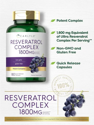 Miniatura 8 de Carlyle Suplemento de resveratrol 1800 mg 180 cápsulas Sin OMG y sin gluten Complejo potente