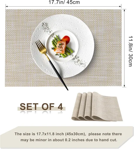 Miniatura 3 de Juego de 4 manteles individuales de vinilo de plástico tejido beige y amarillo para decoración de mesa de comedor, resistentes al calor