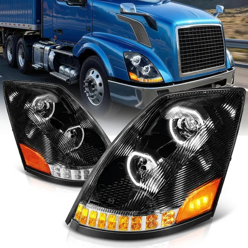 Auto Dynasty Faros de proyector de señal de giro secuencial LED de halo dual DRL compatibles con Volvo VN VNL 300 400 430 630 740 04-18, carcasa