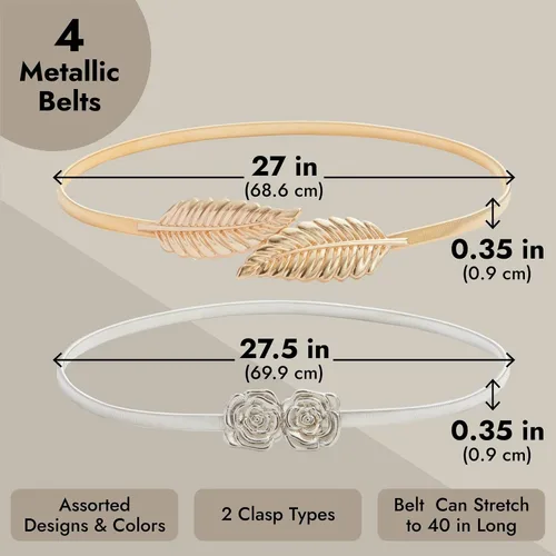 Miniatura 5 de Juvale Cinturones de cintura metálicos elásticos y ajustados, cinturones de metal dorado y plateado de dos tonos para mujer con patrón de hojas