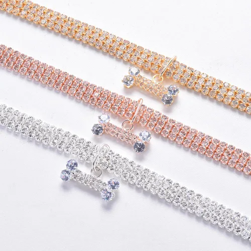 Miniatura 3 de Collar para perros, collar de gato, bonito y moderno con cristales brillantes de hueso, 3 filas de diamantes de imitación para mascotas, joya