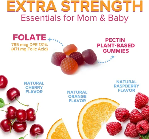Miniatura 3 de Gomitas de ácido fólico para mujeres, folato de 785 mcg por porción, vitaminas prenatales esenciales para mamá y bebé, suplemento fólico vegano