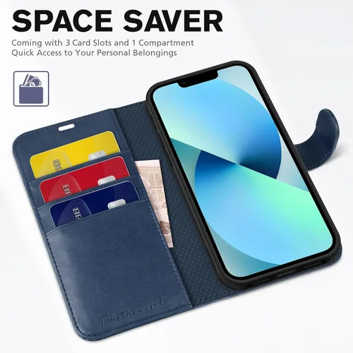 Miniatura 7 de TUCCH Funda tipo cartera para iPhone 13 de 6.1 pulgadas, [Bloqueo RFID] [Ranura para tarjeta] Carcasa protectora interior de TPU, funda magnética