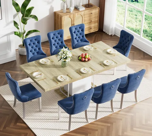 Miniatura 23 de Juego de mesa de comedor extensible marrón de 63 a 78.74 pulgadas para 4, juego de mesa de comedor de 5 piezas con 4 sillas, mesa de cocina